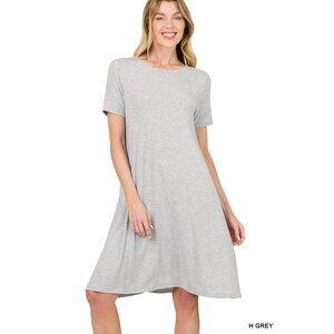 Zenana Short Sleeve Swing T-Shirt Dress with Side Pockets-Size M-HEATHER GREY